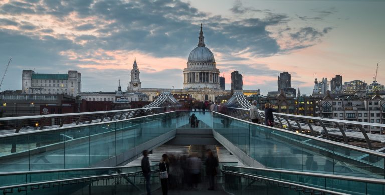 St Paul's Cathedral with many tourists in the evening in the UK